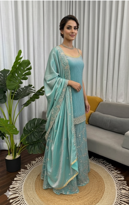 Sky blue embroidered fendy silk kurta palazzo set 2