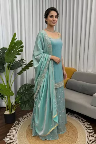 Sky blue embroidered fendy silk kurta palazzo set