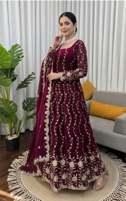 Wine embroidered fendy silk anarkali set 3