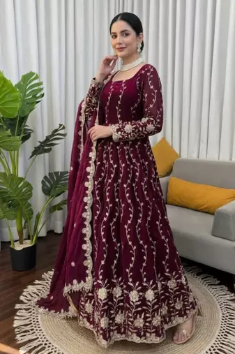 Wine embroidered fendy silk anarkali set
