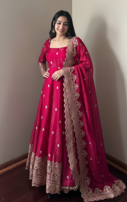Red embroidered fendy silk anarkali set 3
