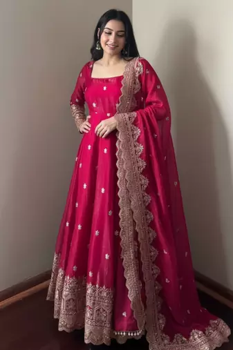 Red embroidered fendy silk anarkali set