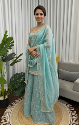 Sky blue embroidered fendy silk kurta palazzo set 3