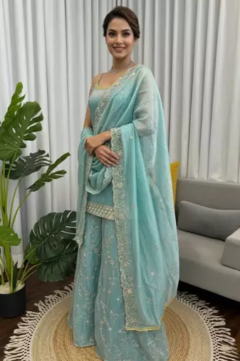 Sky blue embroidered fendy silk kurta palazzo set