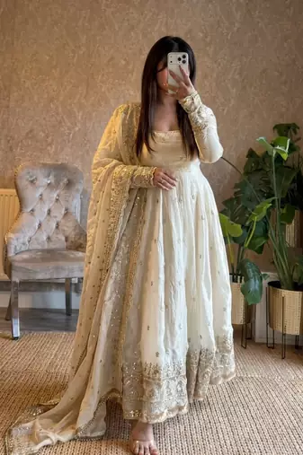 White embroidered fendy silk anarkali set