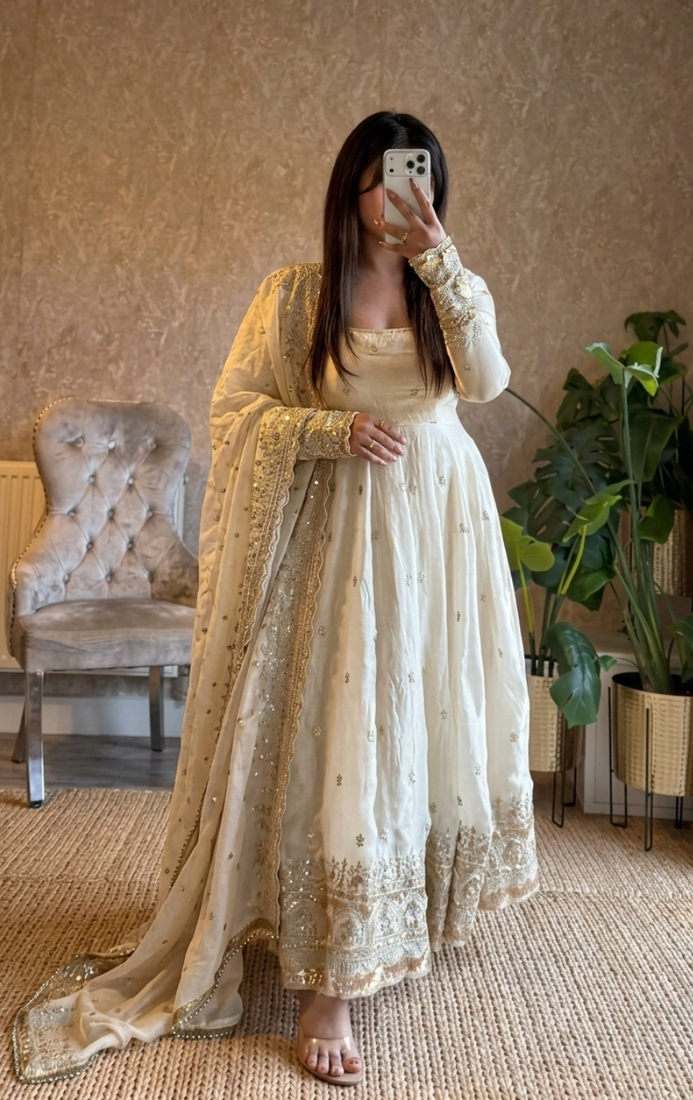 White embroidered fendy silk anarkali set