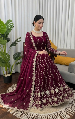 Wine embroidered fendy silk anarkali set 4