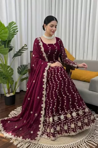 Wine embroidered fendy silk anarkali set