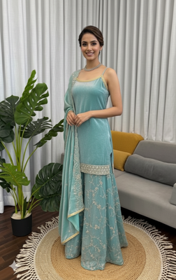 Sky blue embroidered fendy silk kurta palazzo set 4