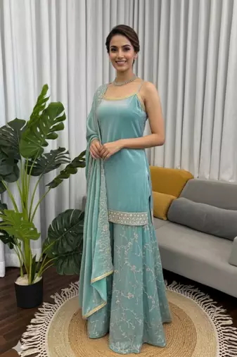 Sky blue embroidered fendy silk kurta palazzo set