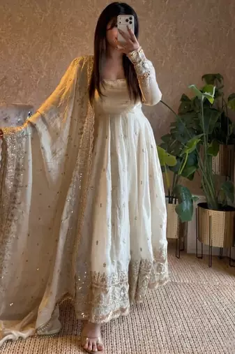 White embroidered fendy silk anarkali set