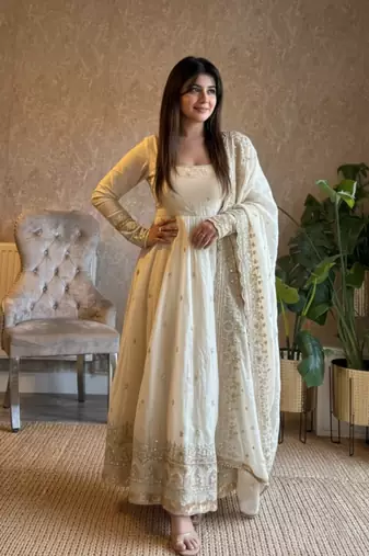 White embroidered fendy silk anarkali set