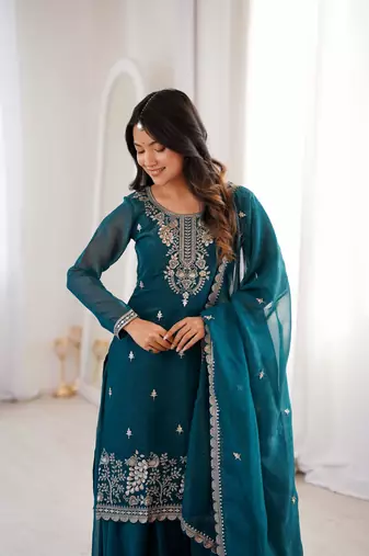 Royal Teal Festive Wear Suit with Heavy Neck Embroidery