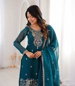 Royal Teal Festive Wear Suit with Heavy Neck Embroidery