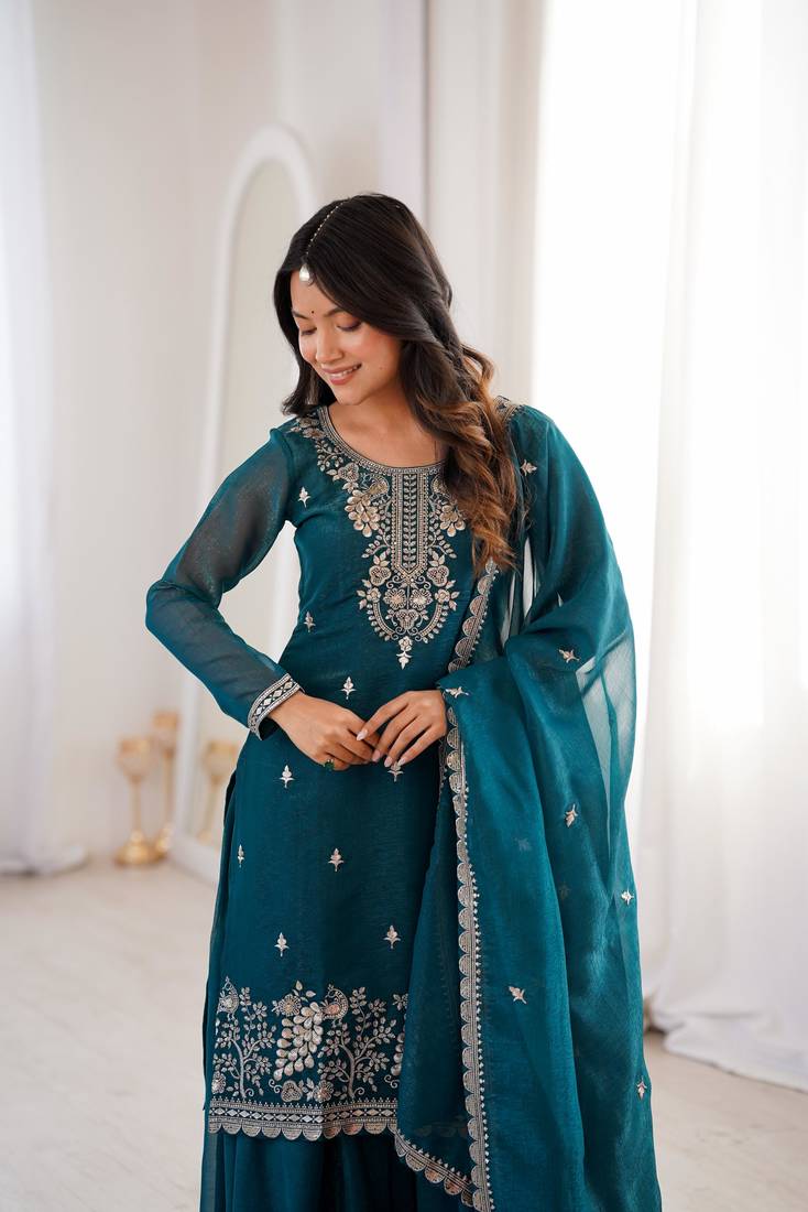 Royal Teal Festive Wear Suit with Heavy Neck Embroidery