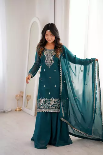 Royal Teal Festive Wear Suit with Heavy Neck Embroidery