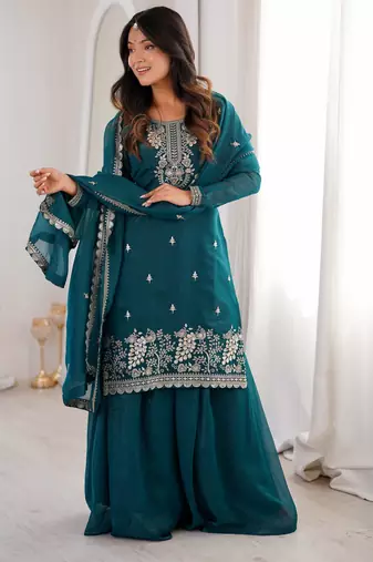 Royal Teal Festive Wear Suit with Heavy Neck Embroidery