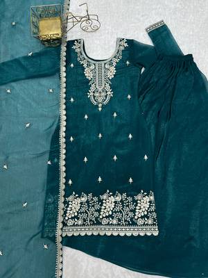 Royal Teal Festive Wear Suit with Heavy Neck Embroidery 5