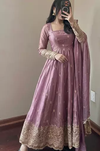 Mauve embroidered fendy silk anarkali set