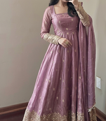 Mauve embroidered fendy silk anarkali set