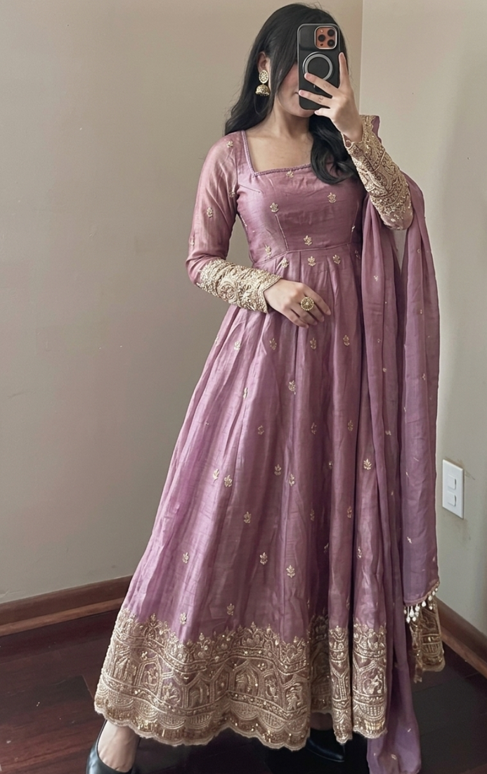 Mauve embroidered fendy silk anarkali set