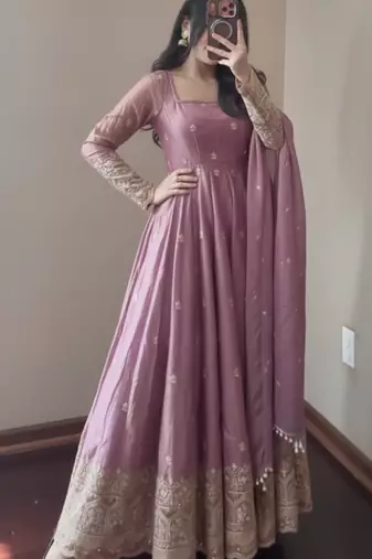 Mauve embroidered fendy silk anarkali set