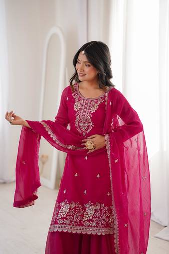 Royal Dark Pink Festive Wear Suit with Heavy Neck Embroidery