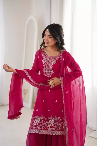 Royal Dark Pink Festive Wear Suit with Heavy Neck Embroidery
