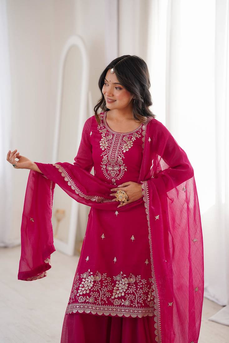 Royal Dark Pink Festive Wear Suit with Heavy Neck Embroidery