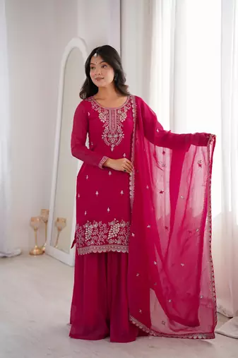 Royal Dark Pink Festive Wear Suit with Heavy Neck Embroidery