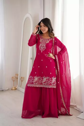 Royal Dark Pink Festive Wear Suit with Heavy Neck Embroidery