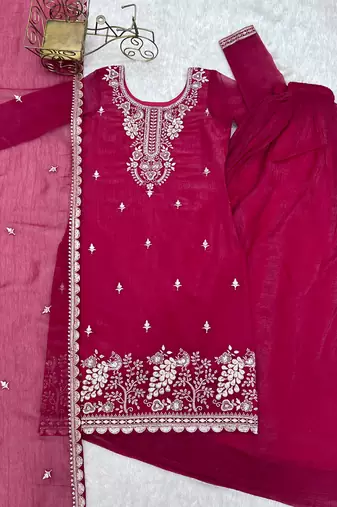Royal Dark Pink Festive Wear Suit with Heavy Neck Embroidery