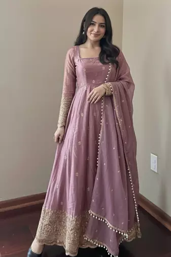 Mauve embroidered fendy silk anarkali set