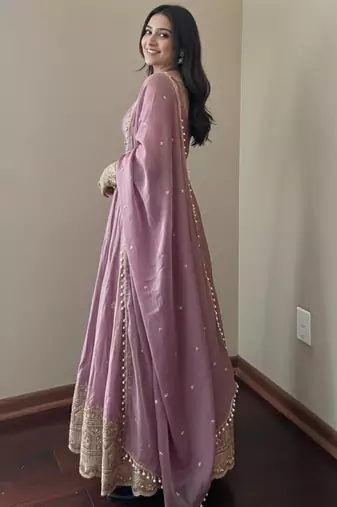 Mauve embroidered fendy silk anarkali set