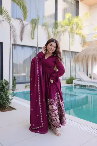 Wine embroidered rangoli crush anarkali set