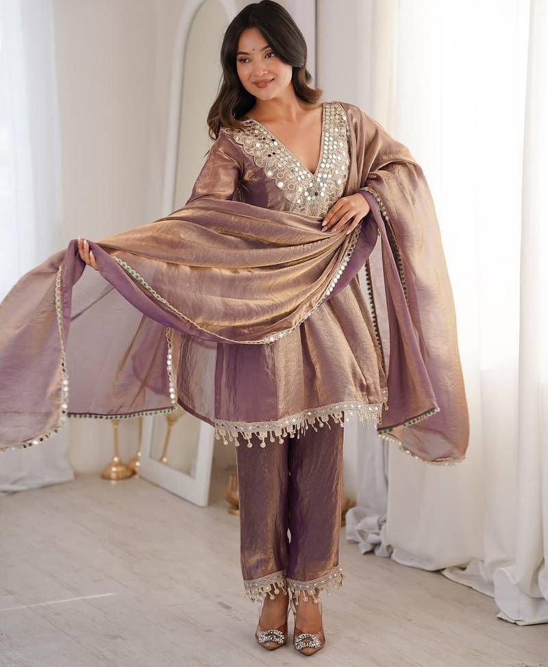 Purple embroidery & mirror work fendy silk kurta set