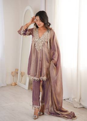 Purple embroidery & mirror work fendy silk kurta set 2
