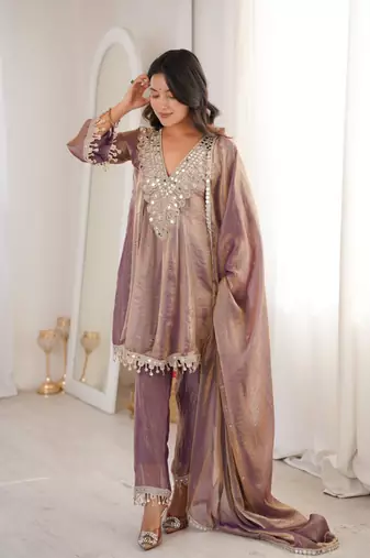 Purple embroidery & mirror work fendy silk kurta set
