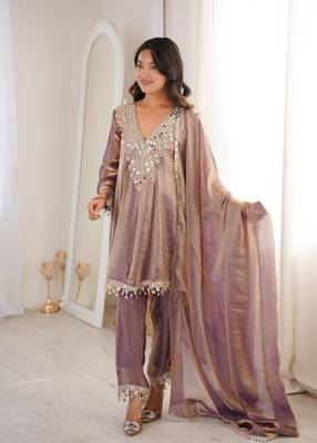Purple embroidery & mirror work fendy silk kurta set 3