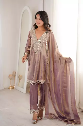 Purple embroidery & mirror work fendy silk kurta set
