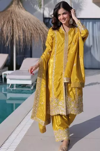 Yellow zari & sequins embroidery kurta set
