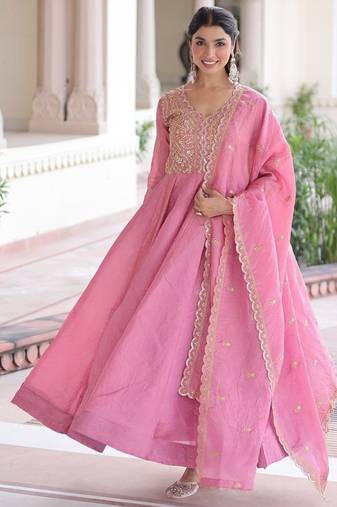 Pink embroidered gold crush gown & dupatta