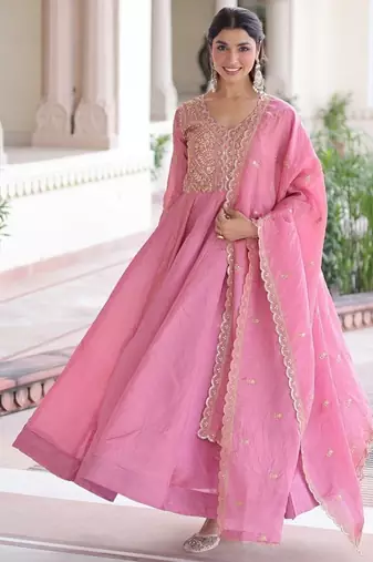 Pink embroidered gold crush gown & dupatta