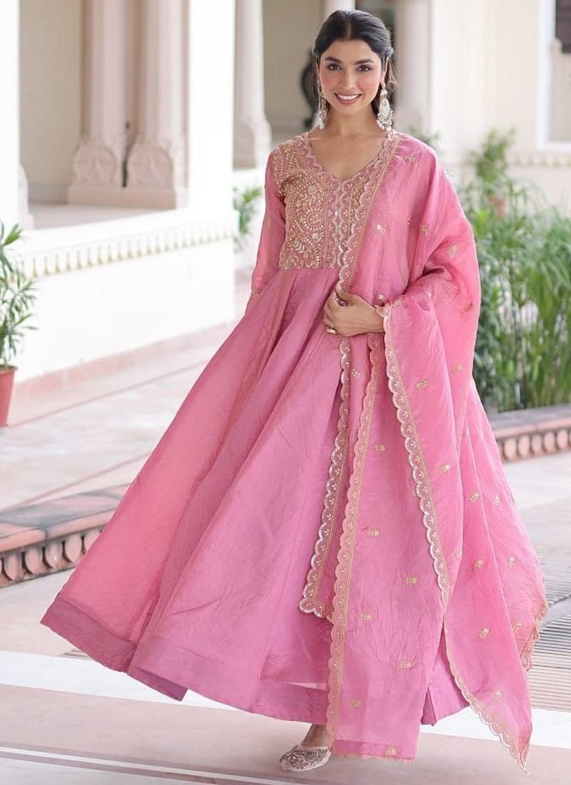 Pink embroidered gold crush gown & dupatta