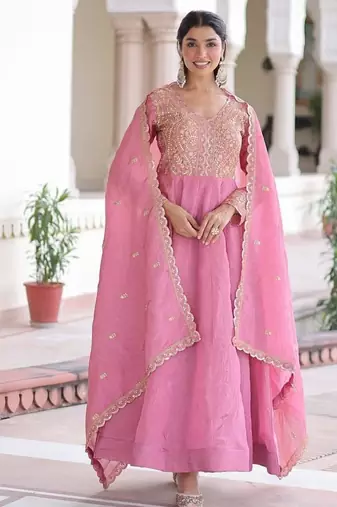 Pink embroidered gold crush gown & dupatta