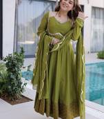 Green mirror lace work mul chanderi kurta set