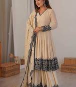 cream embroidered faux georgette palazzo suit
