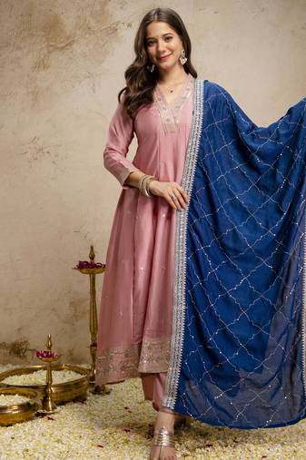 Anarkali kurta set in vichitra silk with embroidery – designer kurti pant dupatta set for women