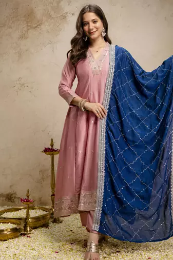 Anarkali kurta set in vichitra silk with embroidery – designer kurti pant dupatta set for women