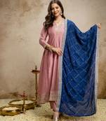 Anarkali kurta set in vichitra silk with embroidery – designer kurti pant dupatta set for women